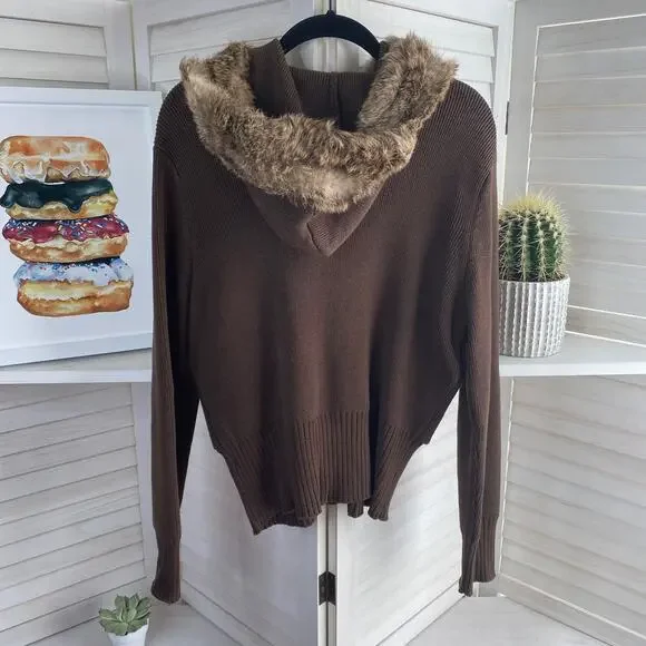 Nine & Co brown full zip sweater jacket with rabbit fur hood size large - Picture 7 of 8
